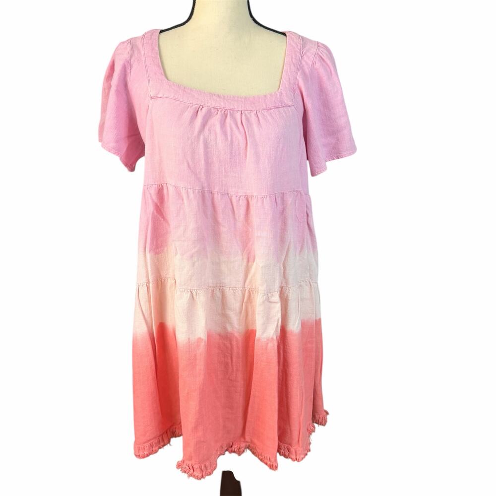 UMGEE Women's Linen Blend Color Block Tiered Mini Dress Sz L Festival Beachy